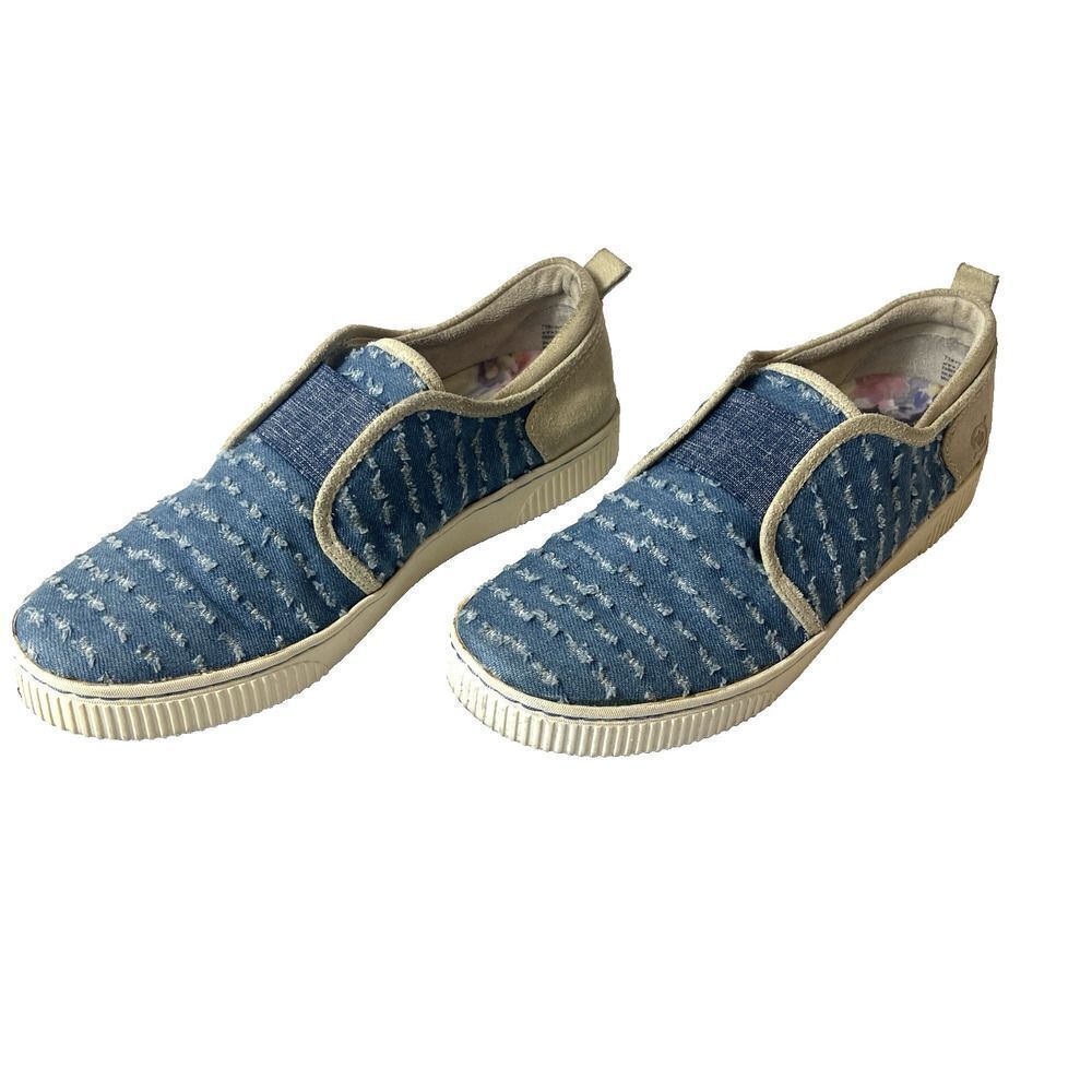 Born Flats Womens Size 7.5M Blue Tan Canvas/Leather Comfort Casual Slip On Shoes - Picture 2 of 11